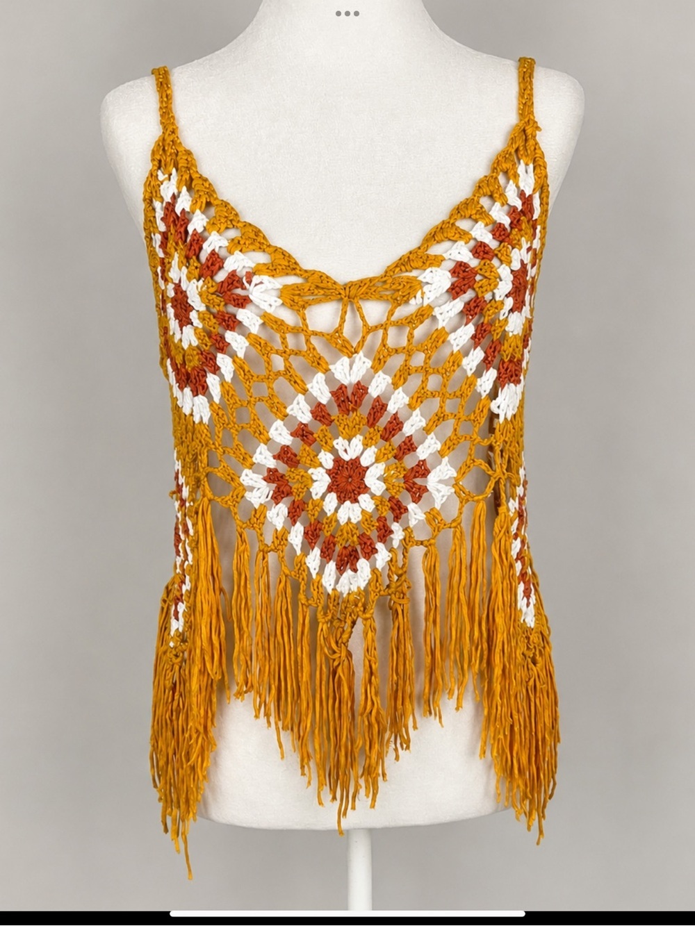 Vivid Boho Crochet Fringe Vest | Mustard Granny Square Festival Cover-Up Size M